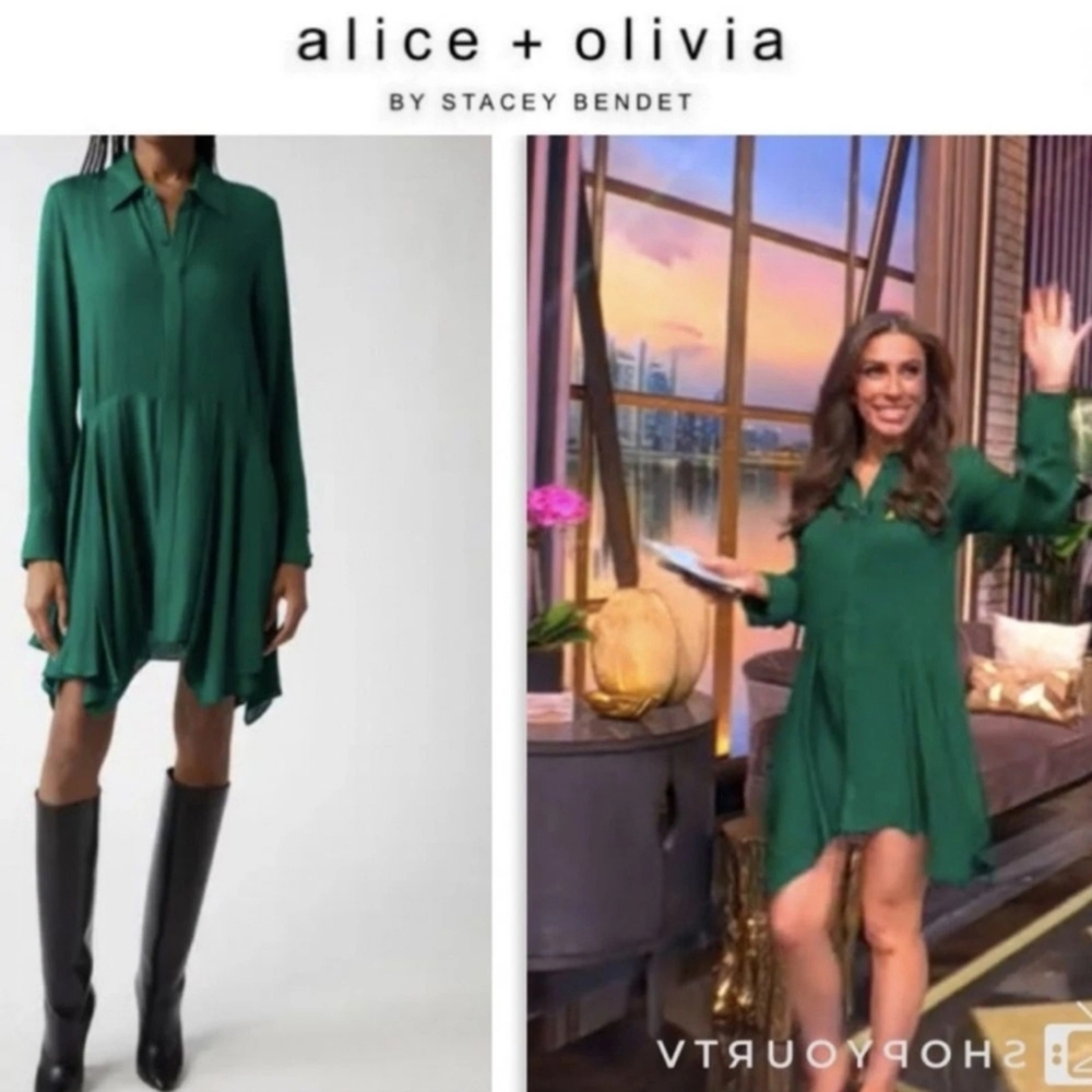 Alice + Olivia Women's Green Avita Long Sleeve Asymmetric Shirt Dress Large